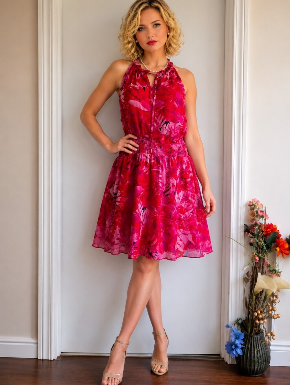 White House Black Market Pink Floral Halter Frilled Neckline Midi Dress Size 14